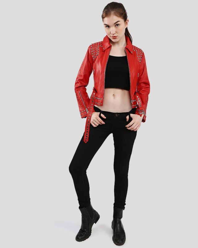 Isabel Studded Red Leather Jacket