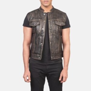 Moto Distressed Brown Leather Vest