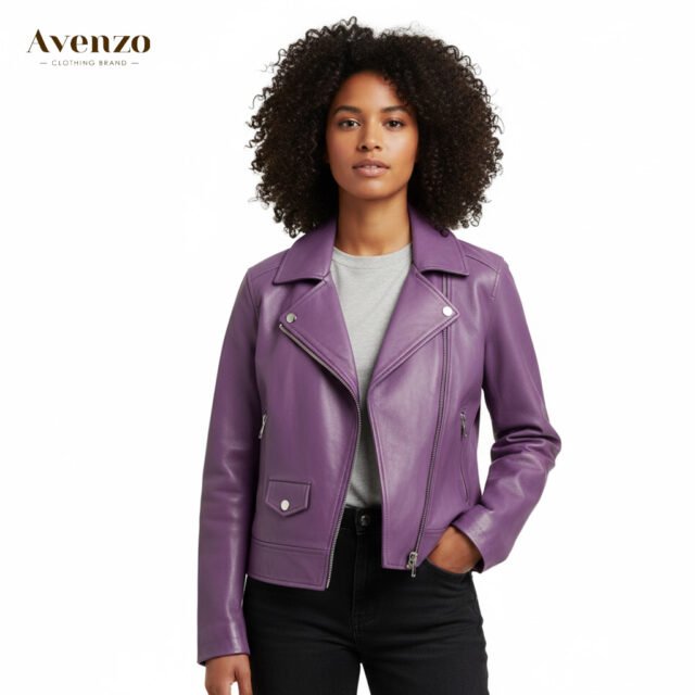 Women's Classic Purple Leather Biker Jacket – Stylish Moto Outerwear