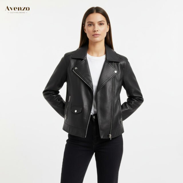 Women’s Genuine Black Leather Biker Jacket – Classic Moto Style
