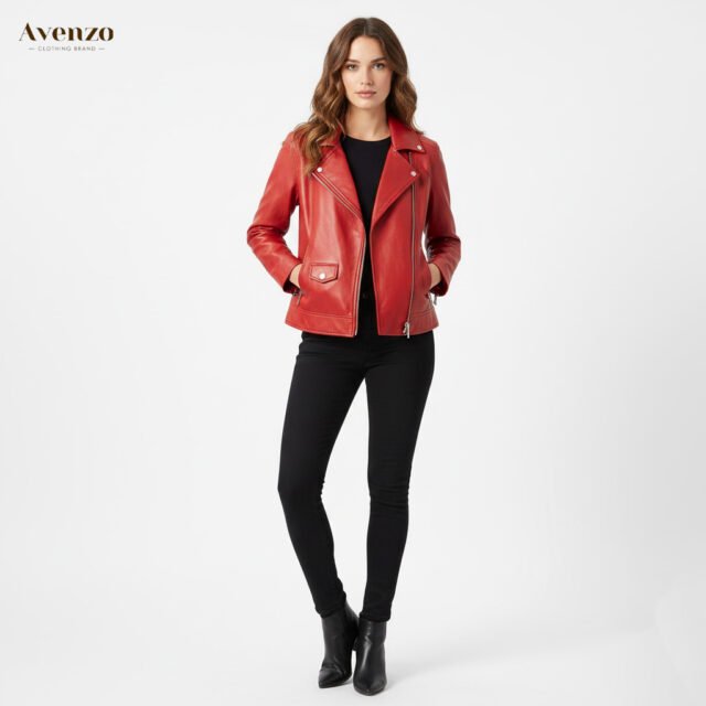 Women’s Red Leather Biker Jacket – Stylish Motorcycle Moto Outerwear
